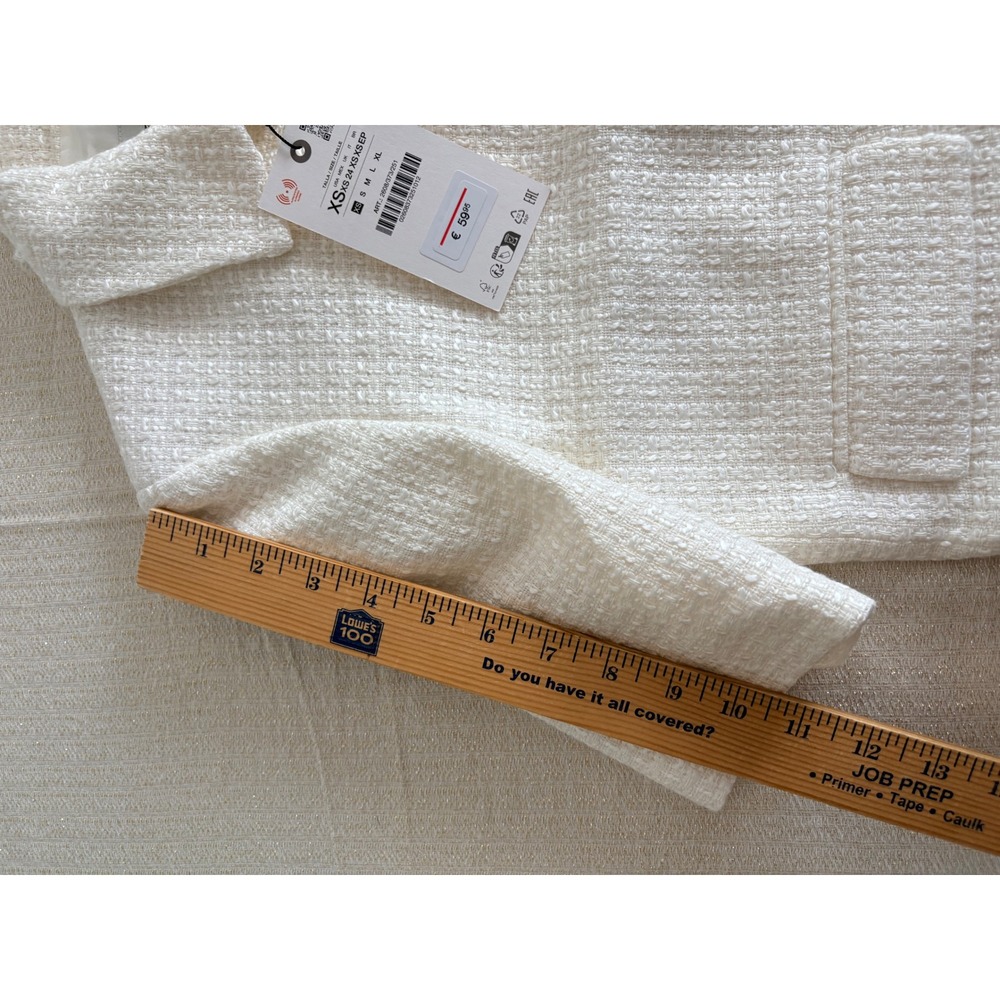 Zara Tweed Cropped Jacket XS‎ Cream White New Crystal Flower Button Short Sleeve - Picture 6 of 12
